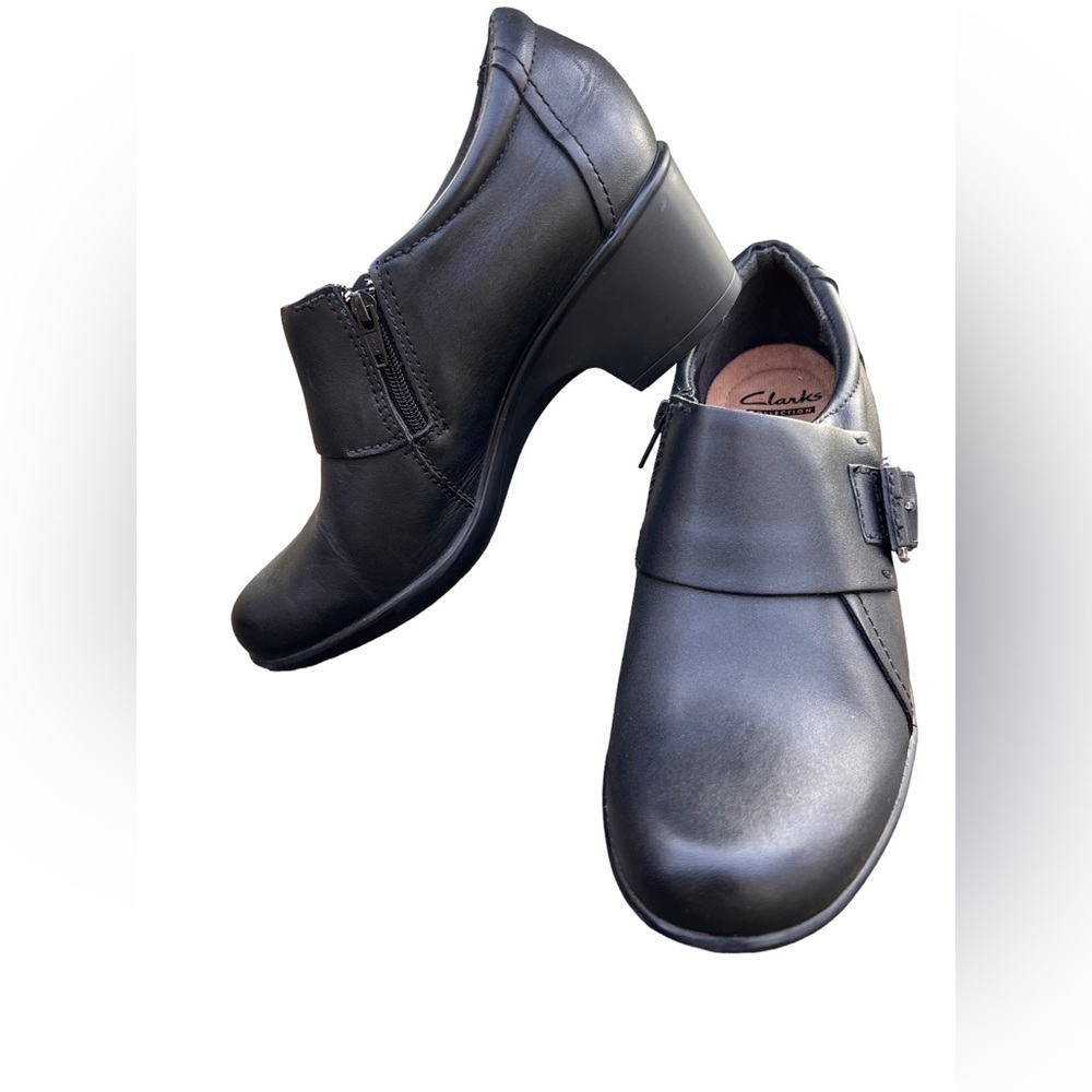 Clark’s Leather Genette Vista Black Slip On Chunky Heel Shoes Women’s Sz 7 1/2